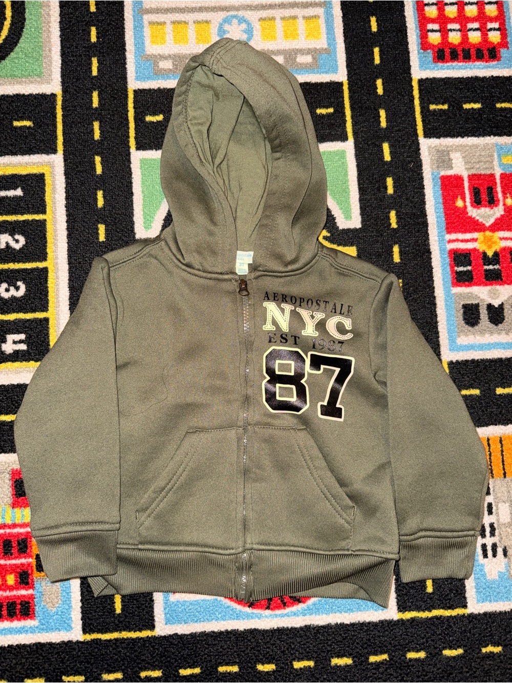 Aeropostale Kids Olive Green NYC 87 Hooded Zip Sweatshirt